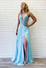 Deep V-neck  Lace-Up Long Cheap Sky Blue Prom Dresses with Appliques, QB0766