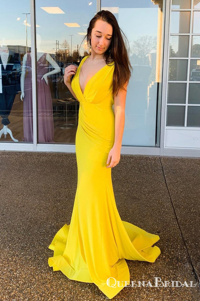 Elegant Mermaid V-Back Ruched Long Cheap Yellow Prom Dresses, QB0765