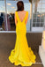 Elegant Mermaid V-Back Ruched Long Cheap Yellow Prom Dresses, QB0765