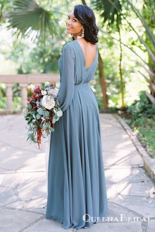 Simple V Neck Long Sleeve Backless A Line Chiffon Bridesmaid Dresses, QB0849