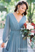 Simple V Neck Long Sleeve Backless A Line Chiffon Bridesmaid Dresses, QB0849