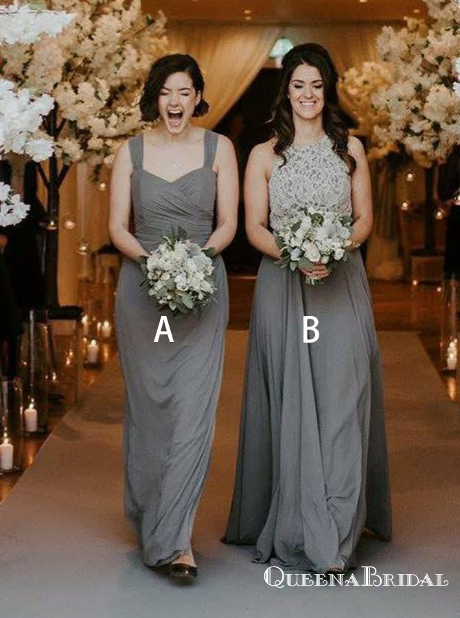 A-Line Square Neck Sleeveless Grey Chiffon Bridesmaid Dresses, QB0701