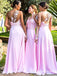 A-Line Illusion Round Neck Pink Chiffon Bridesmaid Dresses with Appliques, QB0629