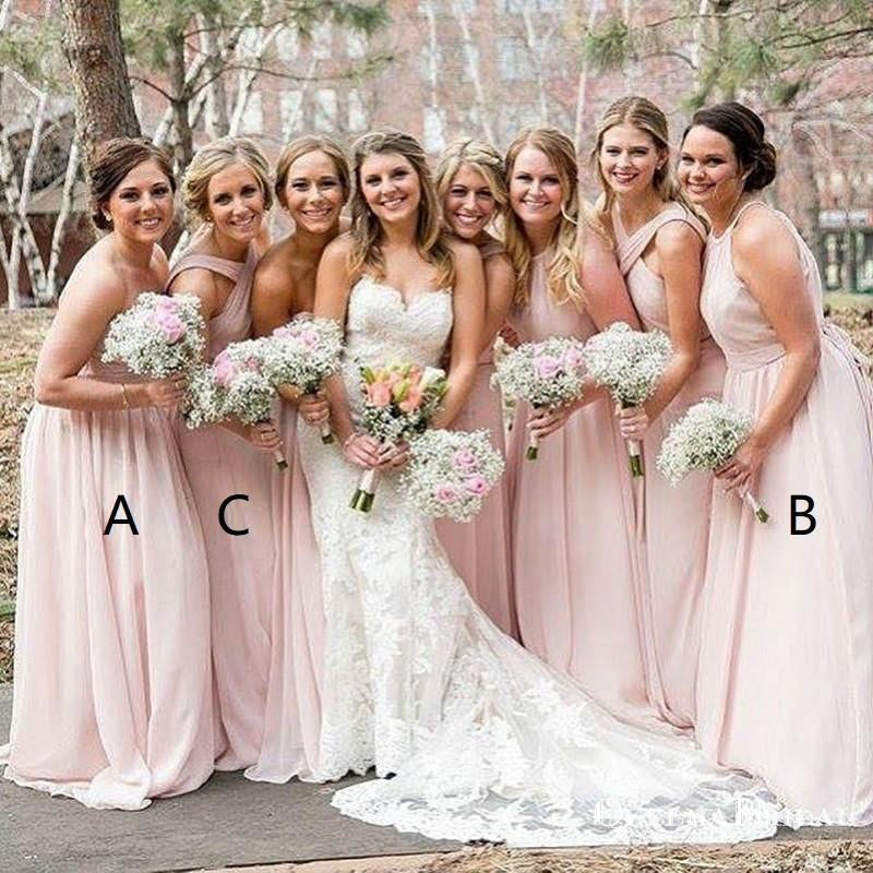 A-Line Mismatched Long Blush Pink Chiffon Bridesmaid Dresses, QB0625