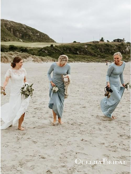 Light Blue Long Sleeve Round Neck Long Cheap Jersey Bridesmaid Dresses, QB0622