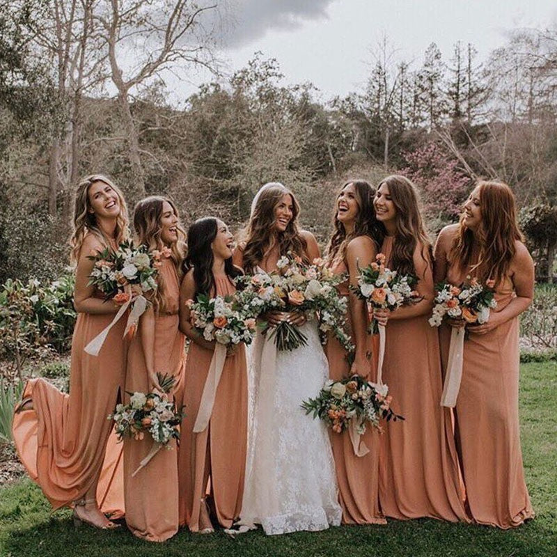 2020 Crew Long Dusty Orange Chiffon Bridesmaid Dresses with Split, QB0483