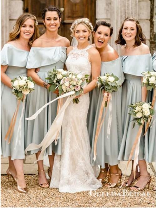 A-Line Off-the-Shoulder Blue Satin Tea Length Bridesmaid Dresses, QB0724