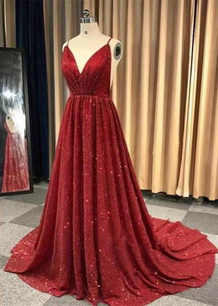 Burgundy V Neck Sleeveless Sequin Long Cheap Backless Prom Dresses, QB0759