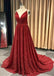 Burgundy V Neck Sleeveless Sequin Long Cheap Backless Prom Dresses, QB0759