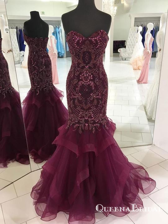 Purple Sweetheart Sleeveless Long Mermaid Prom Dresses With Beaded, QB0758