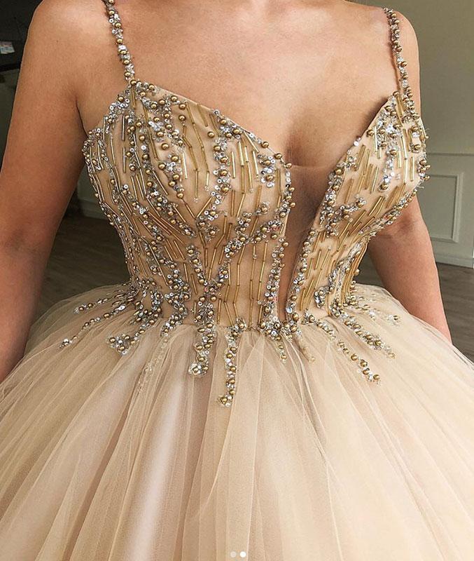 Spaghetti Straps Beaded Ball Gown Tulle Cheap Long Evening Prom Dresses, QB0366