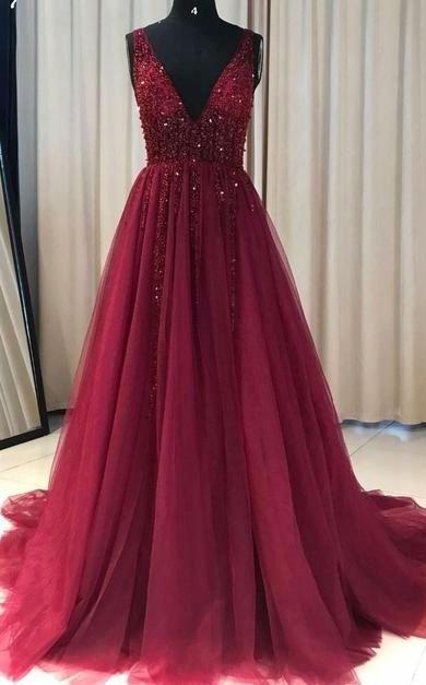 See Through V Neck Dark Red Beaded Long Evening Prom Dresses, QB0607