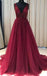 See Through V Neck Dark Red Beaded Long Evening Prom Dresses, QB0607