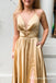 Halter Lace-Up Mesh Gold Long Cheap Prom Dresses with Slit, QB0764