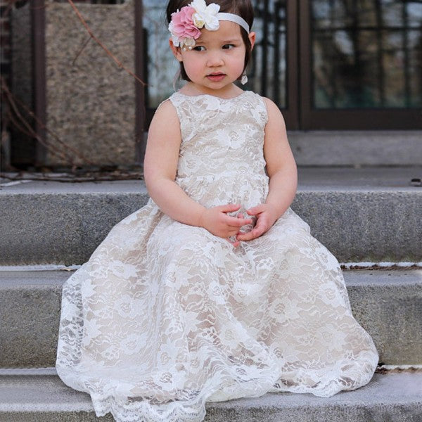 Cute Jewel Open Back Sweep Train Ivory Lace Long Cheap Flower Girl Dresses, QB0102