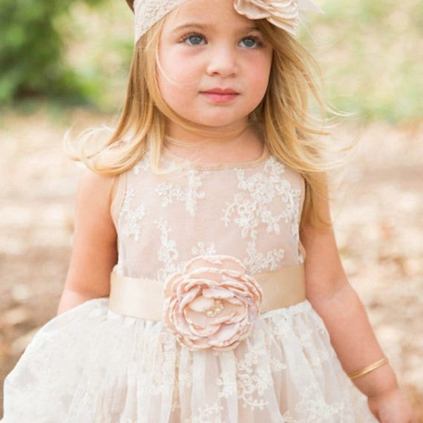 Cute A-Line Round Neck Ivory Lace Flower Girl Dresses with Handmade Flower And Bow, QB0103