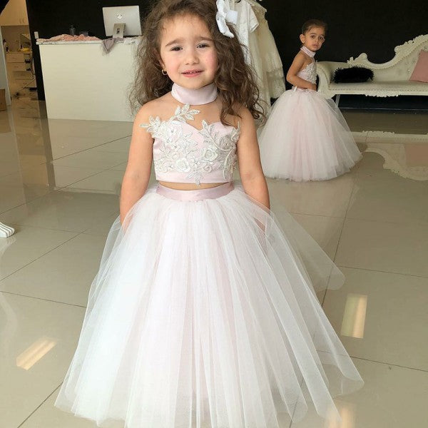 Two Piece Ball Gown Halter Blush Pink Flower Girl Dresses with Appliques, QB0228