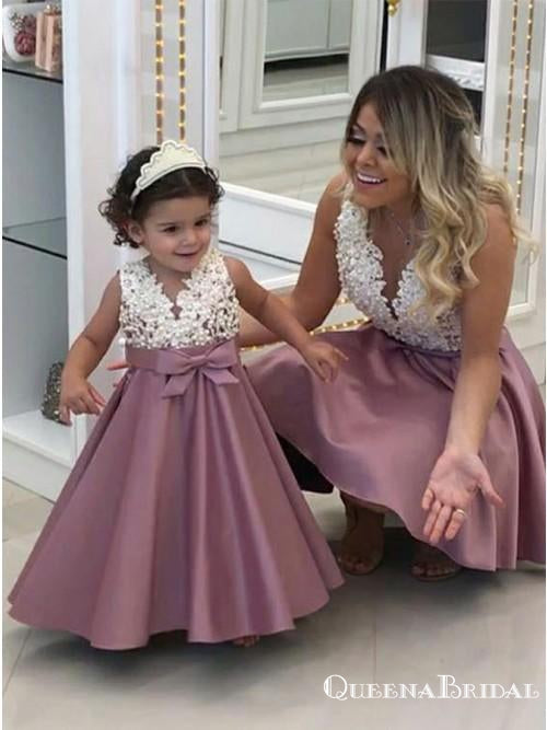 A-Line V-Neck Sleeveless Purple Floor Length Flower Girl Dresses With Applique, QB0829