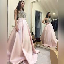 Charming A-Line Round Neck Pink Satin Long with Beading Prom Dresses, QB0564