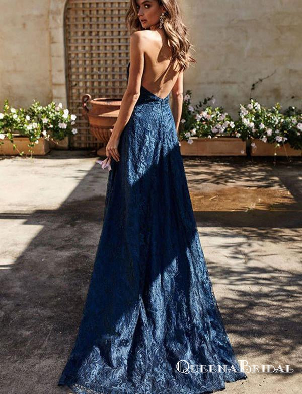 Beautiful A Line Navy Blue V Neck Split Front Long Prom Dresses, QB0752