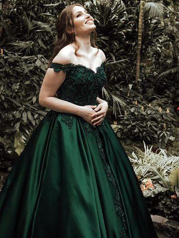 Charming Custom Off Shoulder Dark Green A-line Long Evening Prom Dresses, QB0374