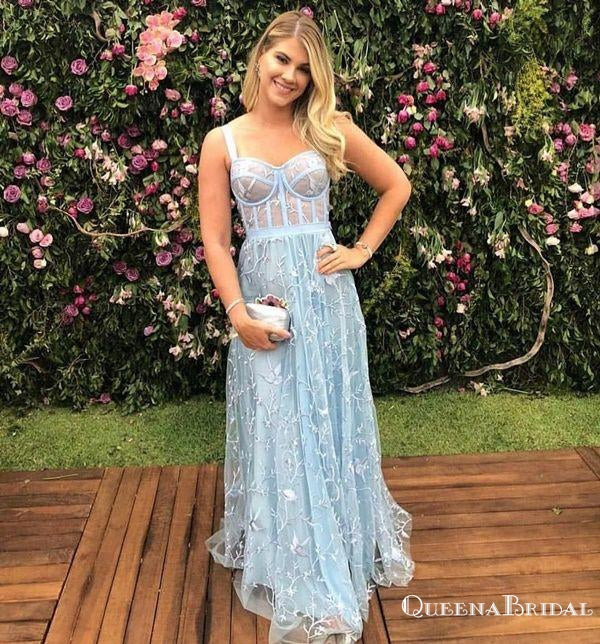 Fancy Newest Light Blue Spaghetti Strap Long Cheap Lace Prom Dresses, QB0799