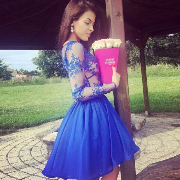 Pretty V-Neck Long Sleeves Royal Blue Short Cheap Homecoming Dresses, QB0191