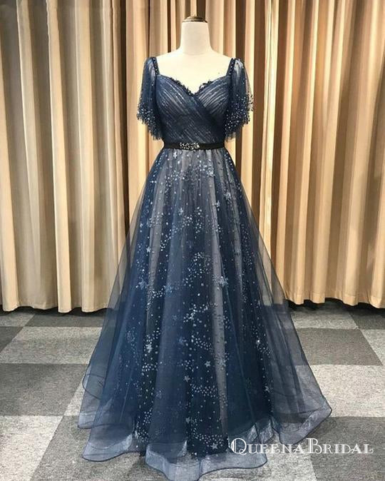 Unique Blue Short Sleeve V Neck Long Cheap Prom Dresses, QB0654