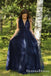 Simple Navy Blue V Neck Sleeveless Long Cheap Prom Dresses, QB0751