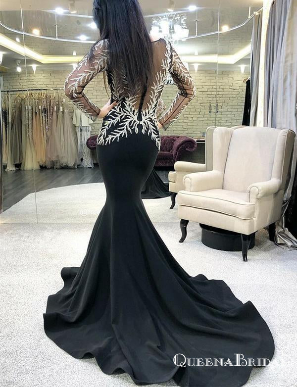 Jewel Black Long Sleeves Appliques Mermaid Evening Gowns Prom Dresses, QB0778