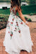 Deep V Neck White Embroidery Long Cheap  Evening Prom Dresses, QB0411