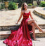 Red Sexy Side Slit Spaghetti Straps Cheap Long Evening Prom Dresses, QB0372