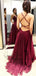 Sexy Backless V Neck Maroon Long Evening Prom Dresses, QB0414