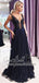 Dark Navy Blue V Neck See Through Long Evening Prom Dresses, QB0413