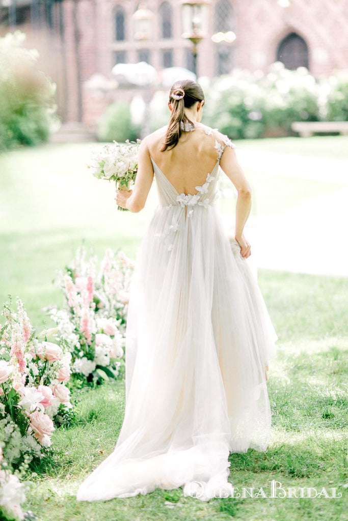 Simple A-Line Round Neck Backless White Tulle Wedding Dresses with Appliques, QB0811