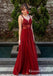 Stunning A-Line V Neck Open Back Burgundy Tulle Long Prom Dresses with Lace, QB0569