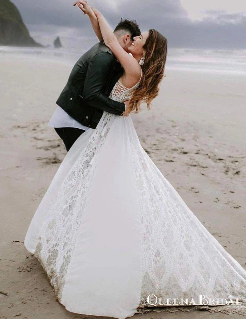 New Arrival Bohemian Spaghetti Straps Beach Wedding Dresses, WDS0036