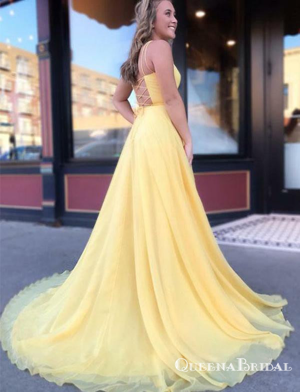 Charming Simple Yellow Long Cheap Spaghetti Straps Prom Dresses, QB0637