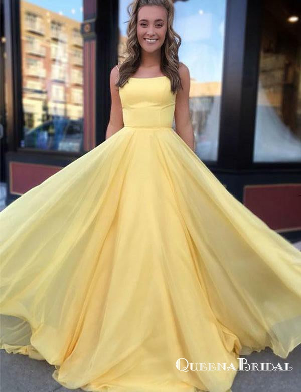 Charming Simple Yellow Long Cheap Spaghetti Straps Prom Dresses, QB0637