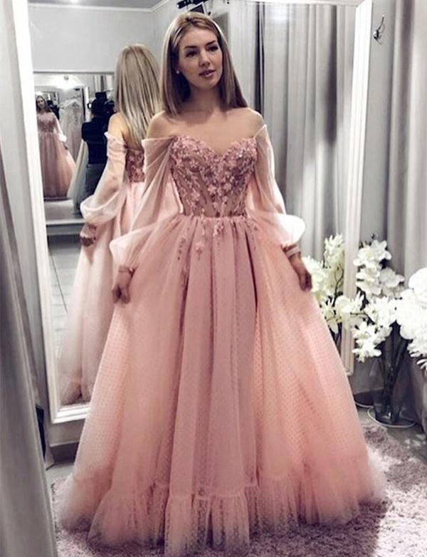 Pink Off The Shoulder Long Sleeve Long Cheap Tulle Prom Dresses With Applique, QB0611