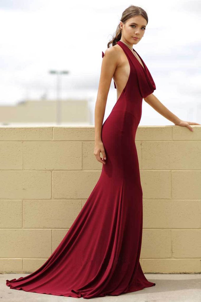 2019 Burgundy Mermaid Halter Backless Sexy Evening Prom Dresses, QB0443