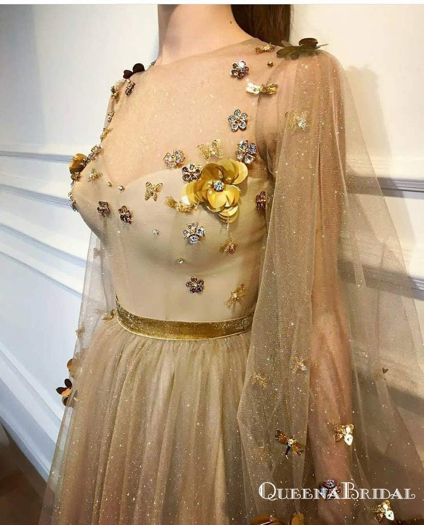 2019 Chic Scoop Long Sleeve Gold Long Cheap Prom Dresses With Applique, QB0606