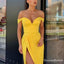 Off-The-Shoulder Charming Yellow Satin High Side Slit Long Cheap Evening Party Prom Dresses, PDS0015