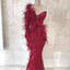 Newest Burgundy One shoulder Long Sleeves Mermaid Tulle Heave Beaded Long Cheap Prom Dresses, QB0921