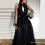 Gorgeus Halter Open Chest Long Sleeves Black Tulle A-line Long Cheap Evening Party Prom Dresses, PDS0017