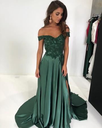 Elegant Green Lace V-neck Off-the-shoulder Long Satin Split Prom Dresses, QB0597