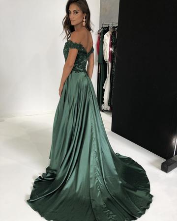 Elegant Green Lace V-neck Off-the-shoulder Long Satin Split Prom Dresses, QB0597