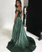 Elegant Green Lace V-neck Off-the-shoulder Long Satin Split Prom Dresses, QB0597