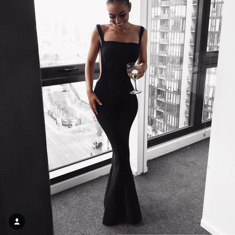 Sexy Mermaid Square Neck Backless Black Elastic Satin Long Prom Dresses, QB0567