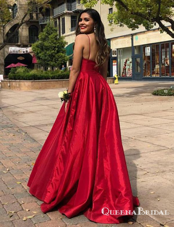 Charming A Line Spaghetti Straps Red Satin Long Prom Dresses, QB0636